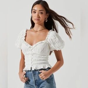 ASTR The Label white bustier blouse puff sleeve smocked button front NWOT   L